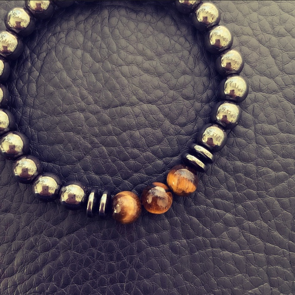 ARISTOTLE BRACELET featuring 6mm gunmetal hematite & 8mm tiger eye stones